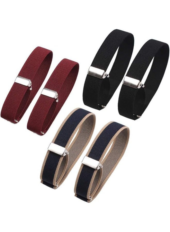 6 Pieces (3 Pairs) Unisex Elastic Adjustable Armbands Anti-Slip Shirt Sleeve Holders Adjustable Arm Shirt Garters Hold Up Sleeve Garters Elastic Armbands, Black, Wine-red, Blue with Beige Edge ﻿ - Image 1